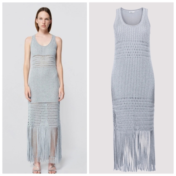 NEW SIMKHAI Jocelyn Open-Stitch Fringe Metallic Silver Midi Dress NWT Medium - Picture 3 of 12